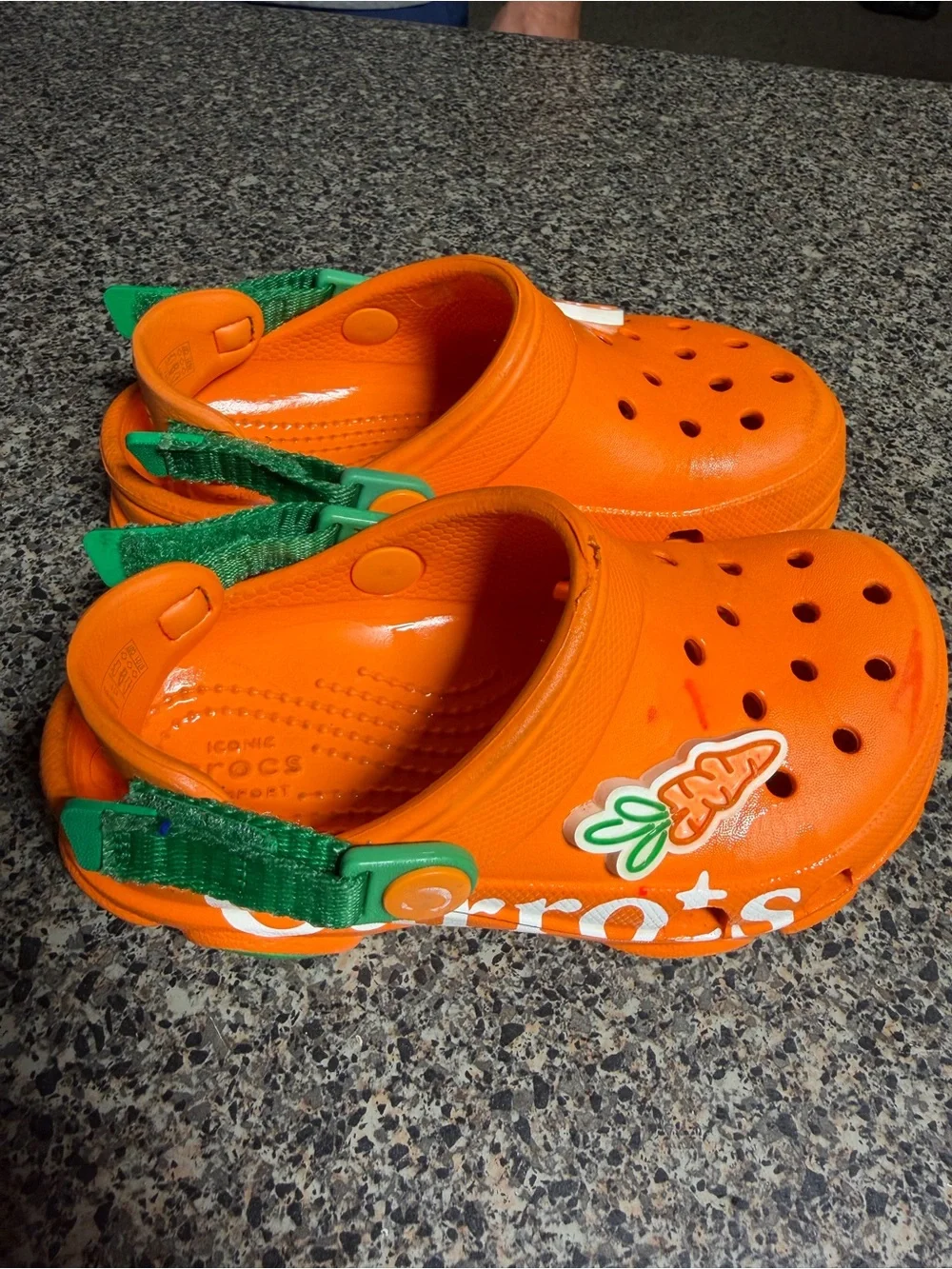 CROCS Kids Orange Clogs with Green Heel Strap